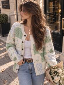 Women's Patchwork Pattern Single-Breasted Long Sleeve Knit Cardigan - Off White - View 5