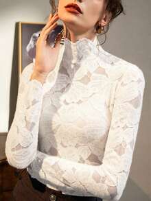 2026 Spring/Summer New Brushed Lace High Neck Inner Layer Base Top, Sheer Floral Crochet Long Sleeve Elegant Blouse For Women Casual White - White - View 4