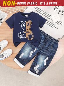 Baby Boy 2pcs Cute Cartoon Bear Graphic Print T-Shirt And Denim Like Print Long Pants Set, Comfortable Summer, Lightweight - Navy Blue - View 1