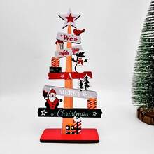1 món trang trí cây thông Noel để bàn bằng gỗ sáng tạo, in chữ "We Wish You Merry Christmas", họa tiết vẽ ông già Noel & người tuyết/hộp quà, đồ trang trí lễ hội tự đứng trưng bày trên bàn tại nhà - Xem 13