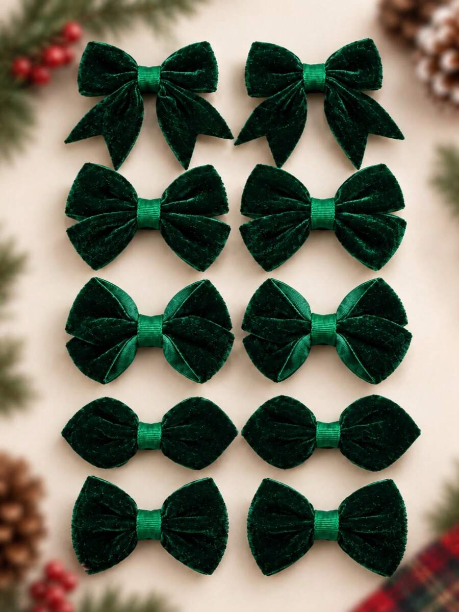 10pcs Christmas Deep Green Velvet Bow Hair Clips, Cute Hair Accessories For Girls, Party And Daily Wear - Dark Green - View 1