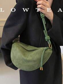 1件純色磨砂麂皮女款復古時尚新月肩背包，全身石紋圖案，拼接縫線設計，拉鍊開合，適合日常與外出使用 - 墨綠色 - 查看 4