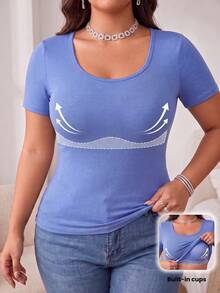 Plus Size Women's T-Shirt With Built-In Bra Short Sleeve Crew Neck Workout Top For Yoga & Gym - Blue - View 3