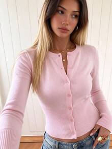 Just Masa Women's Fall Casual Cute Pink Sweater Button Cardigan,Long Sleeve Round Neck Slim Fit Rib-Kint Basic Top,For Daily Wear,Vacation,Going Out - Pink - View 10