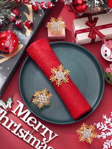8pcs/Set Christmas Red Cloth Napkins And Christmas Snowflake Christmas Tree Napkin Rings, Suitable For Christmas, Parties, Weddings, Dining Table Decorations - Multicolor - View 2