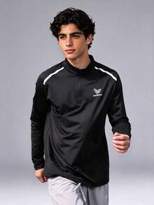 veidoorn Kaos Lengan Panjang Pria Warna Polos dengan Desain Motif Cetak, Atasan Lembut dan Nyaman, Untuk Olahraga Sehari-hari - Hitam - View 3
