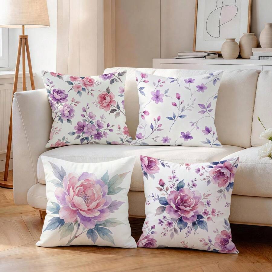 4pcs Watercolor Purple Floral Pillow Covers, Peony Branch Print Pattern Without Inserts, Single-Sided Printed Pillow Covers, Suitable For Living Room Bedroom Home Decor, All Season Pillow Covers - Multicolor - View 1