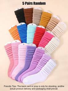 1/5 Pairs Random Style Girls' Autumn/Winter Loose Knit Socks, Loose Knit Socks, Colorful Stacked Mid-Calf Socks, Casual Ruched Socks - Multicolor - View 4