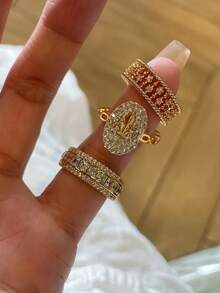 3pcs Fashion Cubic Zirconia Hollow Chain Open Copper Ring Set Suitable For Women Party And Banquet Wear - Yellow Gold - View 7