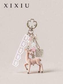Deer-Shaped Keychain Pendant, Lace Pearl Bow Bag Charm, Korean Sweet Clover Backpack Hanging Chain, Y2K Girl Style Gift - Beige - View 10