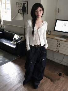 Sexy Hollow Out 2 In 1 Tie-Front Cardigan Women's T-Shirt Short Lace Patchwork Long Sleeve Base Layer Top - White - View 4