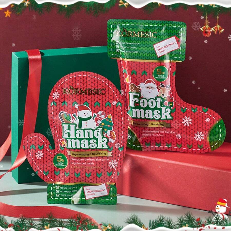 KORMESIC Christmas Hand & Foot Mask Set, Nourishing Moisturizing Repair For Dry Rough Skin, Brightening Hand & Foot Skin, Holiday Skincare Gift Set - Christmas Hand and Foot Mask - View 1