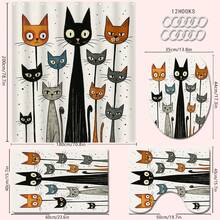 1-4pcs Funny Cat Pattern Bathroom Shower Curtain Set, Waterproof Polyester Fabric, Modern Minimalist Home Decor, Including Toilet Cover, U-Shaped Mat, Non-Slip Bath Mat, With 12 Hooks Back To School Bathroom Decor - Multicolor - View 15
