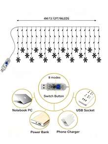 1PC Cool‑White LED Curtain Light, 4M 96‑LED Snowflake Curtain String Lights, USB Powered 8 Lighting Modes Fairy Light For Indoor Christmas Valentine Birthday Home Decor - Snowflake Curtain Lights - View 3
