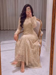 Romantic Women's Formal Maxi Dress, Sequin Embellished Long Sleeve Gown With Round Neck And Flared Hem, Perfect For Evening Parties - Champagne - View 5