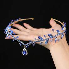 1pc Blue Crystal & Rhinestone Pendant Headband Gold Wire Princess Tiara Crown Bridal Wedding Party Hair Accessories - Blue - View 8