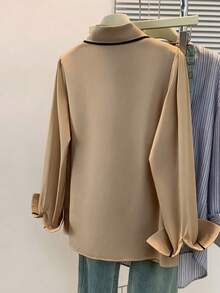 Women's Colorblock Long Sleeve Shirt With Knot Detail, Contrast Trim And Shirt Collar, Casual Office Commute Top, Suitable For All Seasons - Light Khaki - View 3