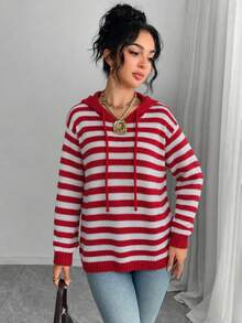 Fashion Women's Knit Long Sleeve Striped Hooded Pullover Sweater - Red - View 1