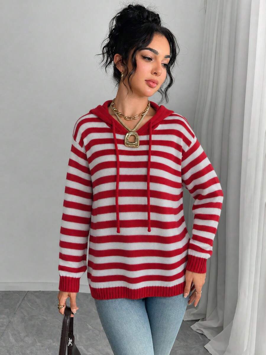 Fashion Women's Knit Long Sleeve Striped Hooded Pullover Sweater - Red - View 1