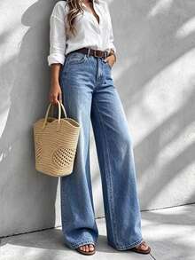 Women's Elegant Mid-Waist Wide Leg Jeans, Button Detail Design, Long Length, Mid-Stretch Fabric, Suitable For Spring And Autumn - Medium Wash - View 3