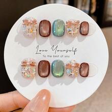 SKY CLOUD 10pcs Handmade Press-On Nails, Short Autumn/Winter Fake Nails, Shiny Y2K Nail Stickers, Handmade Nail Art Supplies - Multicolor - View 11