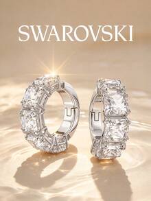 SWAROVSKI Square Cut Crystal Hoop Earrings, Fully Pave Tapered Square Crystal, Birthday Gift For Girlfriend - Silver - View 3