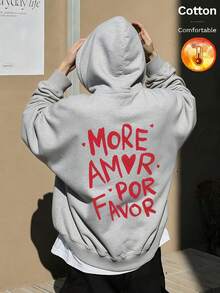 Men's Fleece Hoodie, Back Printed With Uppercase Letters "MORE AMOR POR FAVOR" And Heart Pattern, Y2K Style, Autumn/Winter - Floral Gray - View 2