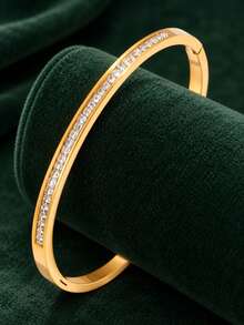 1 pieza Brazalete abierto de acero inoxidable chapado en oro de 18K, pulsera de muñeca con incrustaciones de strass transparente, joyería vintage apilable para mujer - Dorado - Ver 3