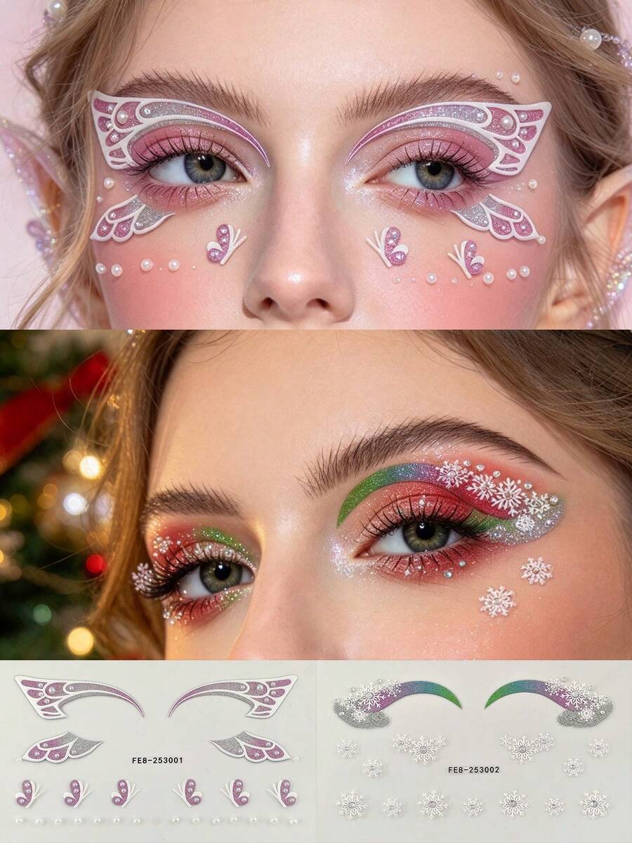 2pcs Gradient Glitter Rhinestone Eyeliner Stickers, Snowflake Petal Crystal Face Stickers, Christmas Self-Adhesive Face Decoration Stickers, Suitable For Music Festival, Christmas, Party, Cosplay, Photo Shoot Makeup
