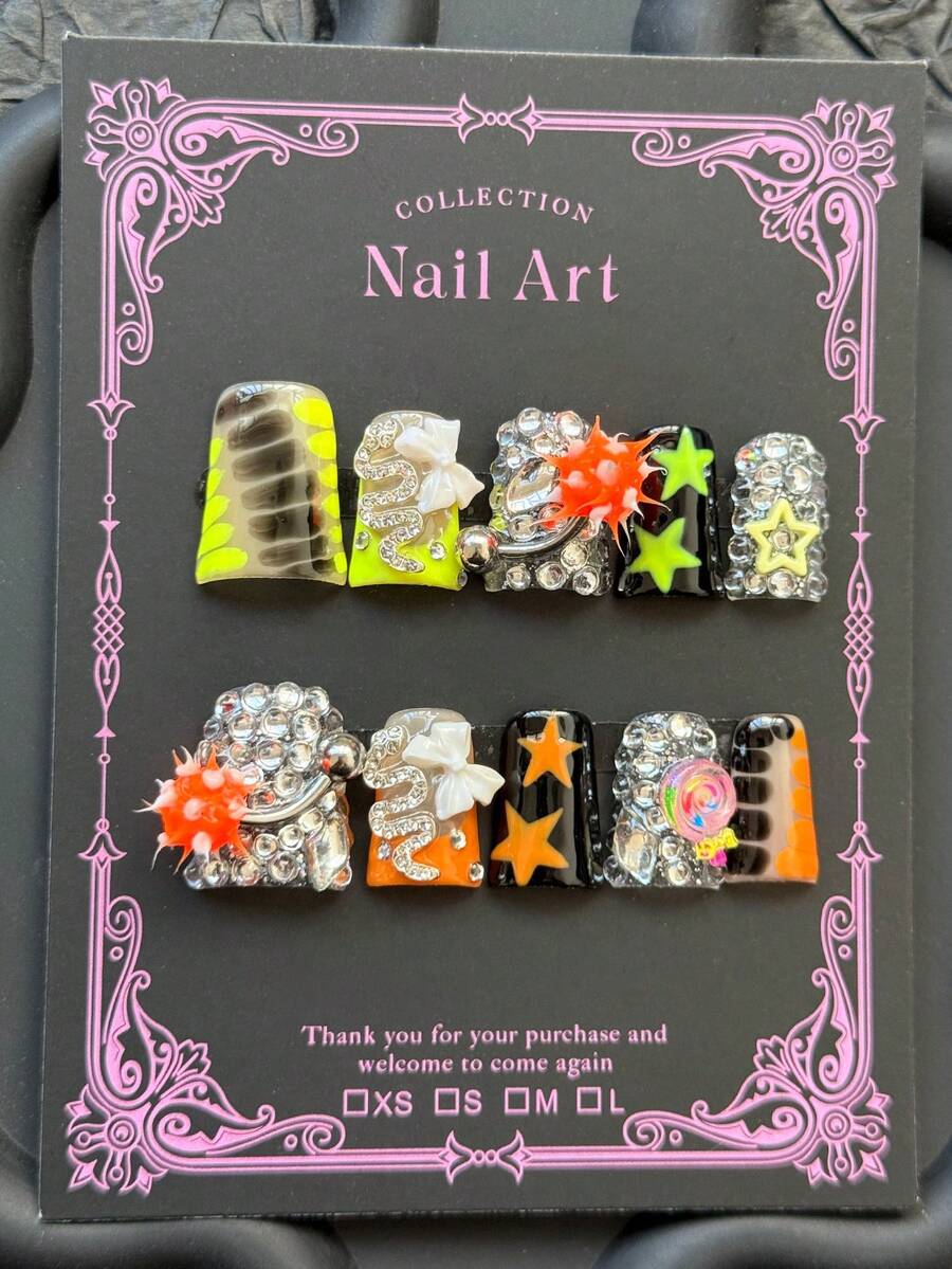 10Pcs Handmade Autumn Winter Y2K Punk Press On Nails, Short Duck Nails With 3D Spike Pom-Pom, Rhinestone Snake Chain & Star Decor, Halloween Gothic Reusable False Nails - Yellow - View 1