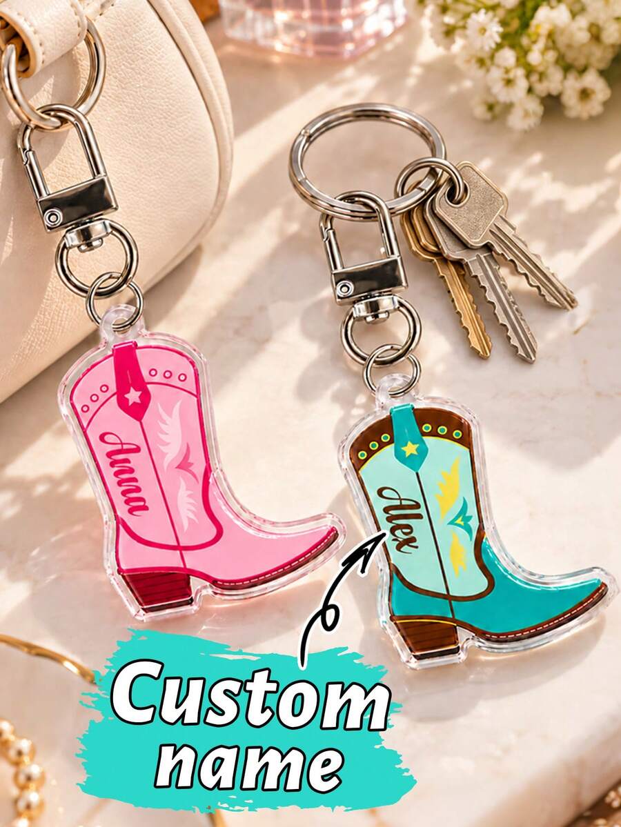 Custom Cowboy Boot Keychain, Personalized Name Western Key Chain Bag Charm, Customized Name Cowgirl Keychains, Customizable Birthday & Christmas Gift - Style a - View 1