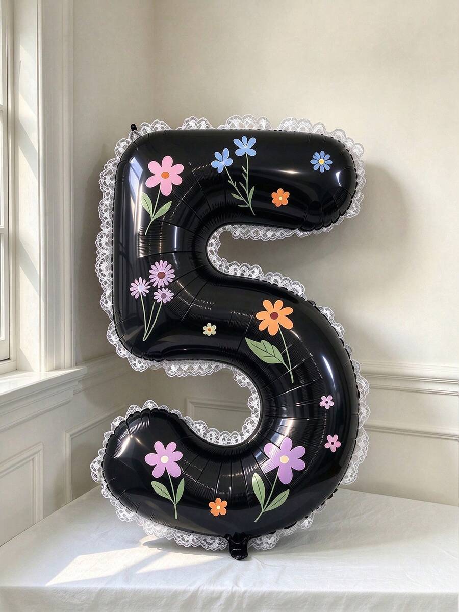 40 Inch Large 0-9 Number Foil Balloon Set, White Lace Decorative Ribbon, DIY Floral Theme Stickers, Suitable For Women's Birthday, Confession, Proposal, Anniversary Party, Wedding, Indoor/Outdoor Holiday Events, Photography Props And More - Black - View 1