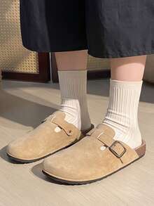 Women's Vintage Suede Adjustable Buckle Closed-Toe Half-Slip-On Casual Versatile Slouchy Mule Slippers - Khaki - View 2