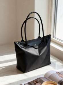 Black Minimalist Versatile Casual Solid Color Large Zipper Large Capacity Shoulder Tote Bag, Suitable For Women, Ideal For Shopping, Vacation, Work, Commuting, Business - Black - View 4