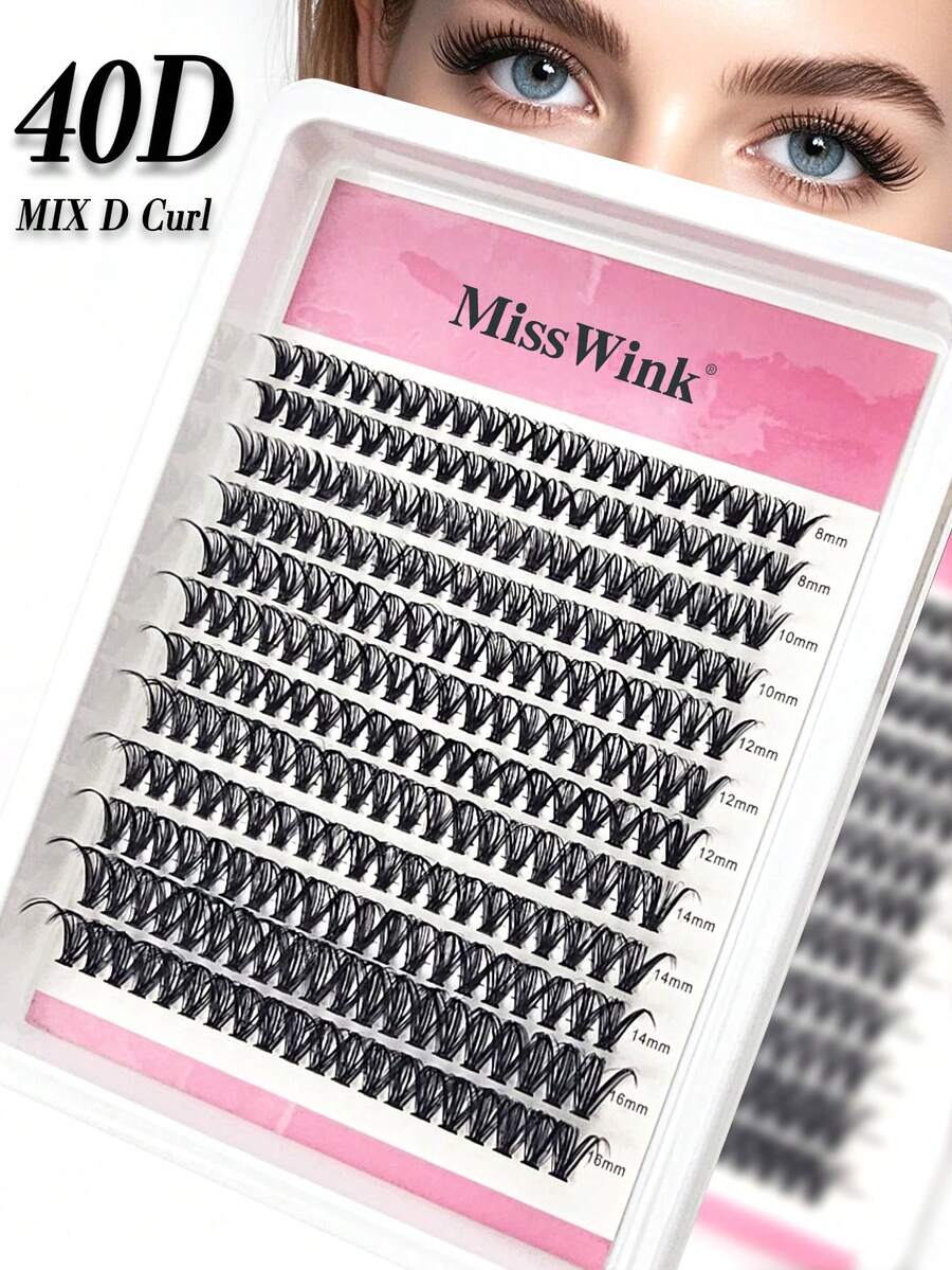 Miss Wink 40D mjuka naturligt böjda lösögonfransar, 8–16 mm blandade, 0,07 mm D-curl, 12 rader, 240 st, enskilda 3D-kluster med precis passform, lämpliga för daglig makeup, lätta och bärbara, för vardag, fester och olika tillfällen - Svart - Visa 1
