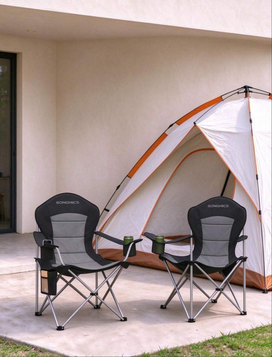 SONGMICS Silla de Exterior Plegable, Asiento Amplio, Respaldo Alto, Portavasos, Organizador, Portátil, Negro y Gris - Negro - Ver 1