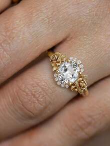 1 buah Cincin Batu Permata Putih Mewah Berlapis Emas 18K, Cincin Batu Tengah Oval Berukir Mawar, Hadiah Pesta Liburan yang Istimewa untuk Wanita - Yellow Gold - View 2