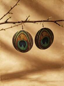 1 Pasang Anting Tusuk Bulat Motif Bulu Merak dengan Pola Cetak Premium, Perhiasan Kasual Sehari-hari Wanita - MultiWarna - View 2