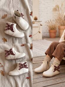 Girls' Vintage Plaid Bow Ankle Boots, Inner Zipper Soft Sole Anti-Slip Boots, Sweet Princess Ankle Boots For Autumn/Winter - Beige - View 7
