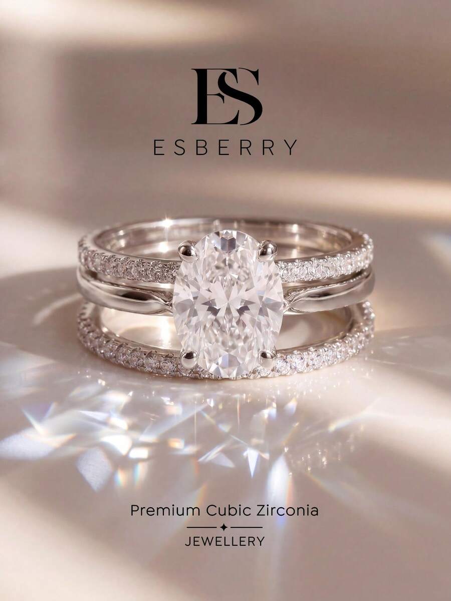 ESBERRY 3pcs High Shine Cubic Zirconia Oval Decor Women's Wedding Ring, Valentine's Day/Engagement Gift - Diamond Four-claw Three-set Ring - View 1