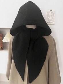 Women's Solid Color Knitted Hooded Scarf, 2-In-1 Hat And Scarf Combo, Warm Head And Neck Protector For Autumn/Winter Casual Wear - Multicolor - View 6