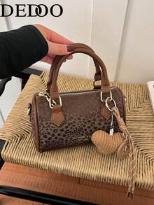 Dedoo 迷你手提包 豹紋 PU皮革 金屬拉鍊 手提款 時尚復古 約會外出女包（無吊飾） - 咖啡 - 查看 2