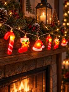 1pc Christmas Mixed String Lights, Featuring Santa Hat, Socks, Candy Cane-Shaped Fairy Lights. Battery-Powered. Suitable For Indoor Holiday Party Decoration And Christmas Tree Fireplace Decoration. - Mixed - View 9