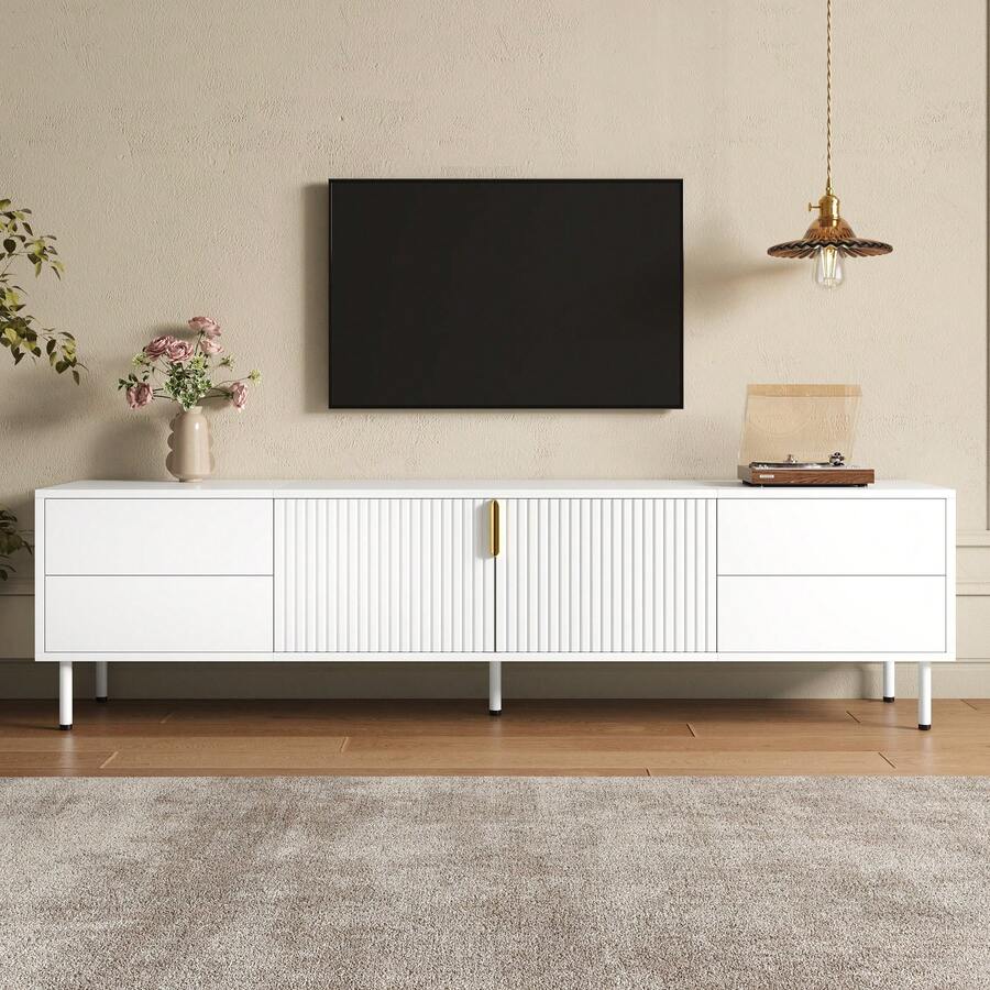 TV Stand TV Cabinet TV Console With Drawers Fluted Door Metal Handle Metal Legs Cable Management Living Room - White - View 1