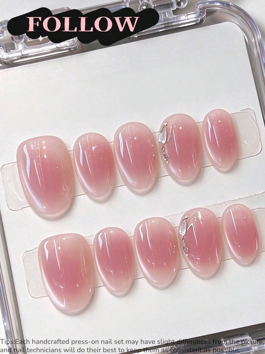10片玫瑰渐变色按压式美甲贴片，椭圆形中长款，珠光效果，独特图案设计，手工制作，奢华质感，适合特殊场合，可卸可重复使用。