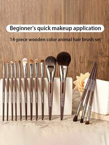Princess Rose 14pcs Animal Hair Makeup Brush Set Professional Eyeshadow Brushes Makeup Artist Recommended Fluffy Face Brushes Full Set Portable - Brown - View 1