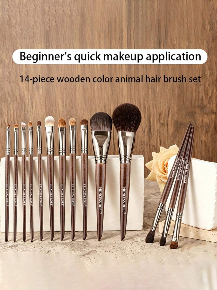 Princess Rose 14pcs Animal Hair Makeup Brush Set Professional Eyeshadow Brushes Makeup Artist Recommended Fluffy Face Brushes Full Set Portable - Brown - View 1