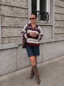 Joy Knit 女款針織毛衣 秋冬時尚新款 百搭上衣 優雅極簡休閒百搭 彩色條紋撞色翻領寬鬆長袖針織上衣 女士上班穿搭 外出上衣 派對 節慶 生日 海灘 - 酒紅+杏色 - 查看 4
