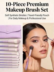 10pcs Professional Makeup Brush Set With 1 Purple Envelope Pouch, Travel Essential For Foundation, Blush, Concealer And Eyeshadow. Blush, Liquid Lipstick, Lipstick, Concealer, Makeup Brush, Foundation, Primer, Brand Makeup, Brush Head Made Of Polyester Fiber, Handle Made Of ABS Plastic, Suitable For Beginners And Professionals, Essential Tool For Makeup Artists. - Lilac Purple - View 5