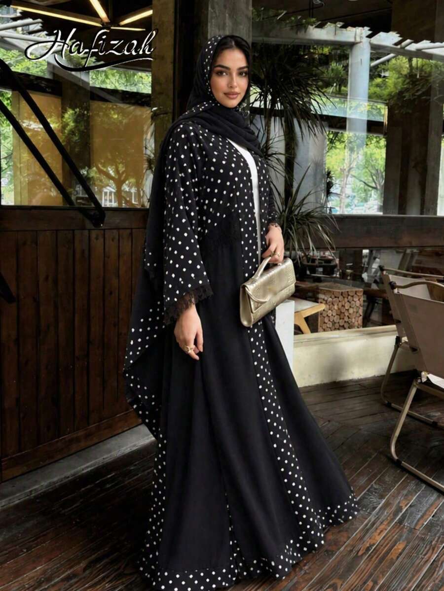 Hafizah 端莊時尚蕾絲飾邊拼接波點阿拉伯式長袍與希賈布 - 黑色 - 查看 1